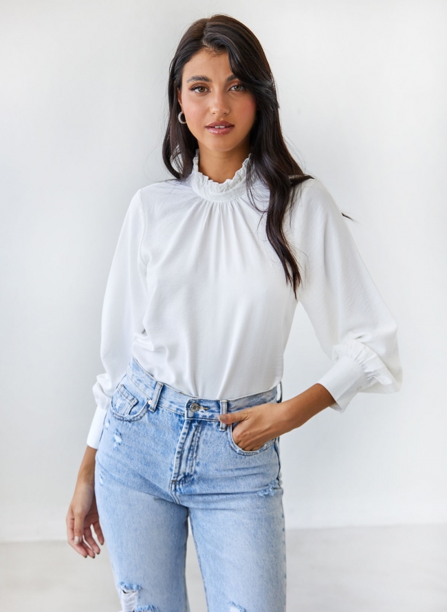 Μπλούζα με frilled λαιμόκοψη AWARE by VERO MODA - Λευκό