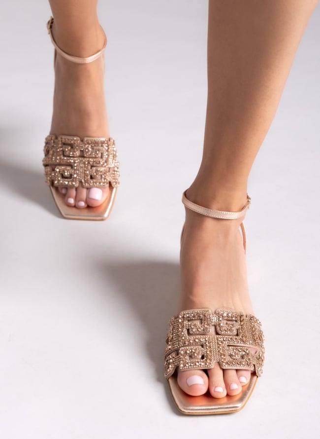 Πέδιλα δερμάτινα με στρας φάσα Iris sandals - Χαλκός