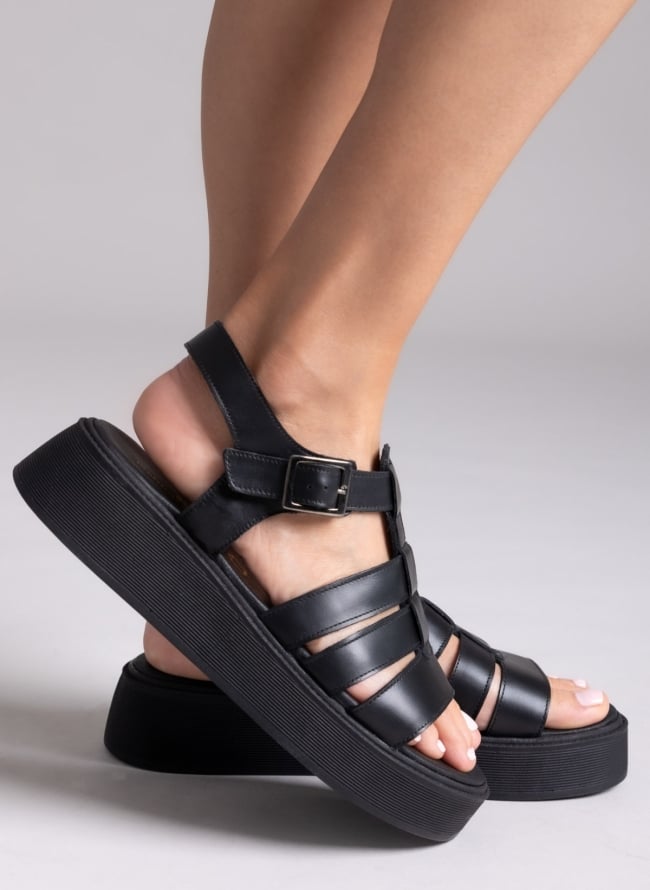 Σανδάλια δερμάτινα flatforms gladiator Tfp - Μαύρο