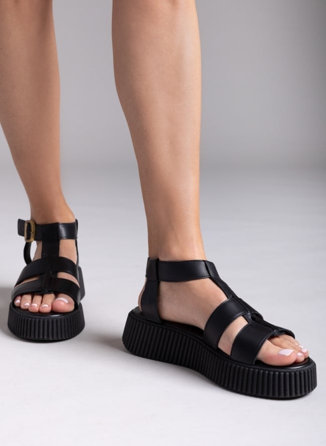 Σανδάλια δερμάτινα flatforms με τοκά TFP - Μαύρο