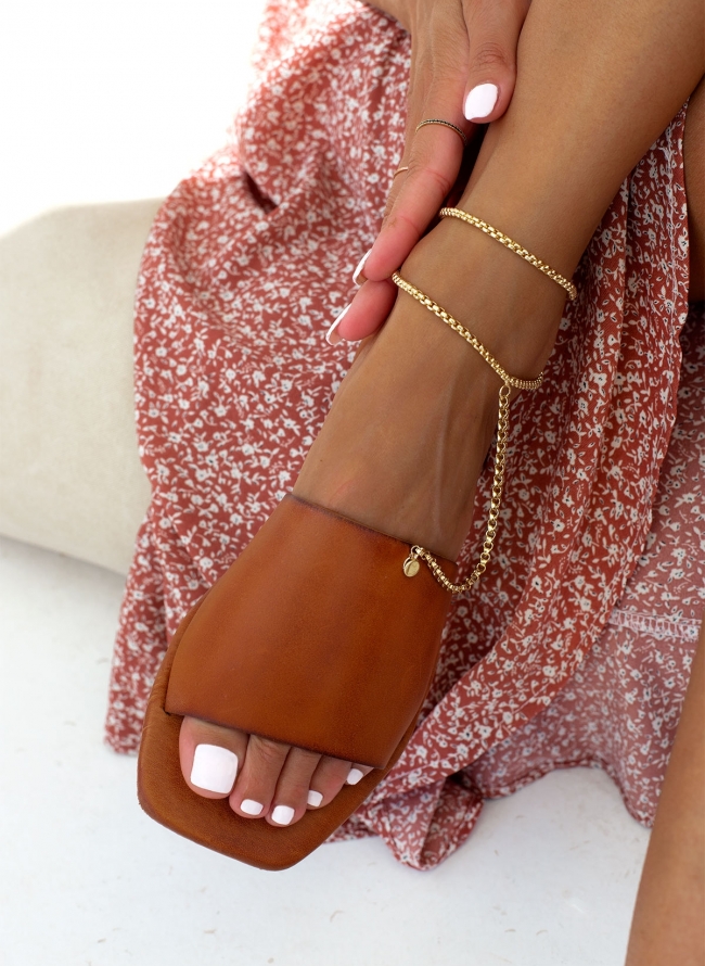 Σανδάλια δερμάτινα με anklet αλυσίδα Iris Sandals - Ταμπά