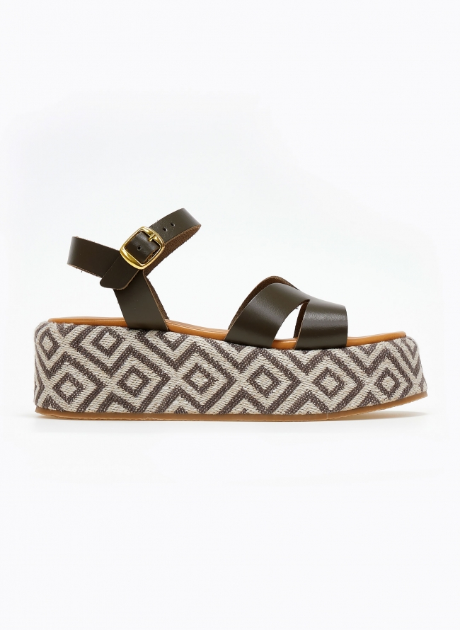 Σανδάλια flatforms δερμάτινα με boho σόλα estil - Λαδί