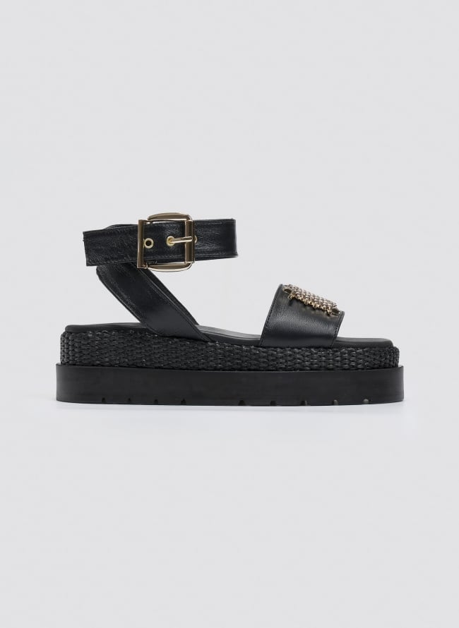 Σανδάλια flatforms  δερμάτινα με μπαρέτα 2526/91 - Μαύρο