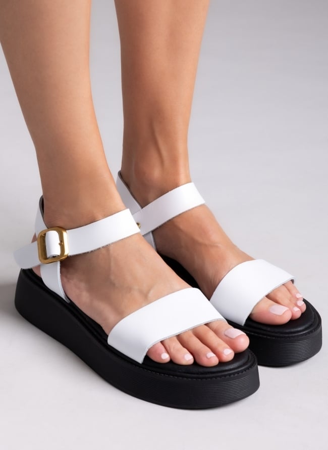 Σανδάλια flatforms δερμάτινα με μπαρέτα Estil - Λευκό