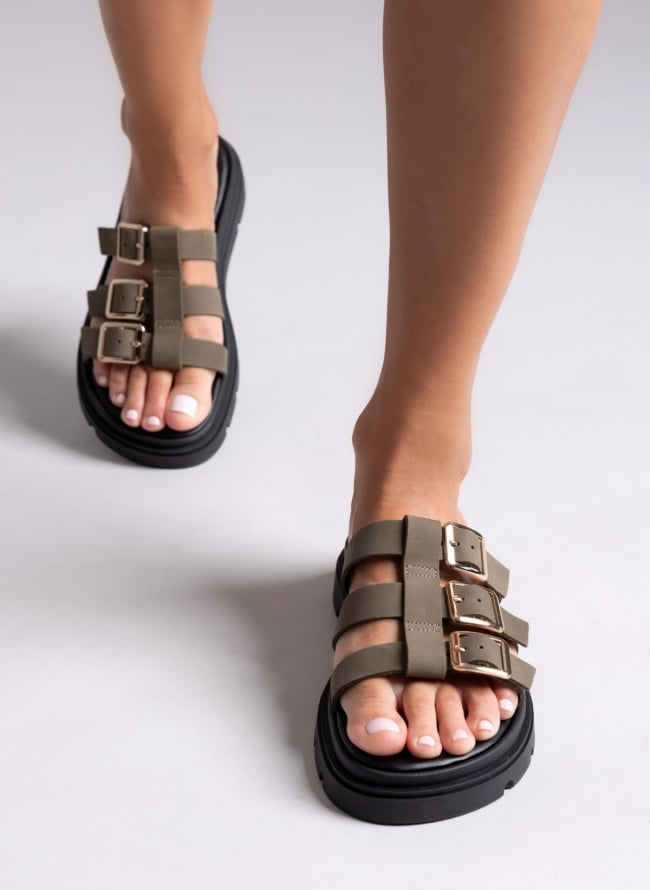Σανδάλια flatforms δερμάτινα με περαστές φάσες Tfp - Χακί