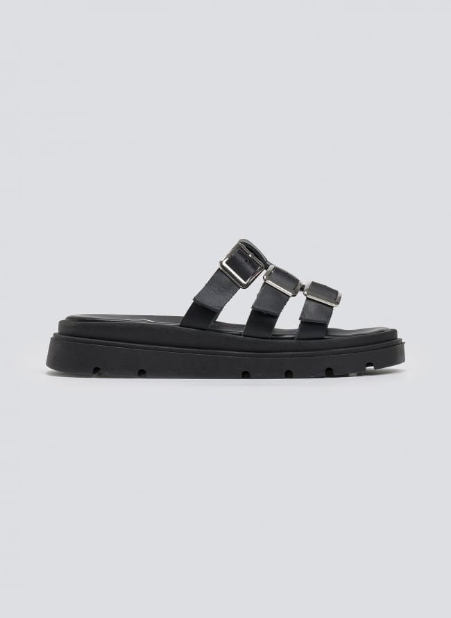 Σανδάλια flatforms δερμάτινα με περαστές φάσες Tfp - Μαύρο