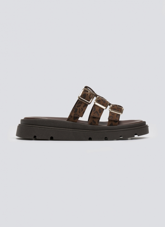 Σανδάλια flatforms δερμάτινα με περαστές φάσες Tfp - Leopard