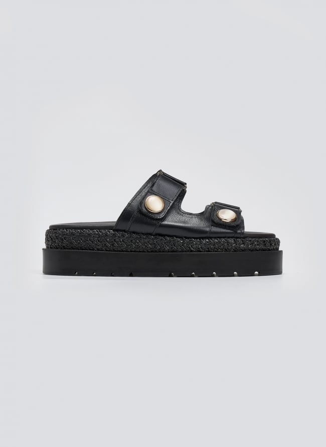 Σανδάλια flatforms δερμάτινα με ψάθα 2522/91 - Μαύρο