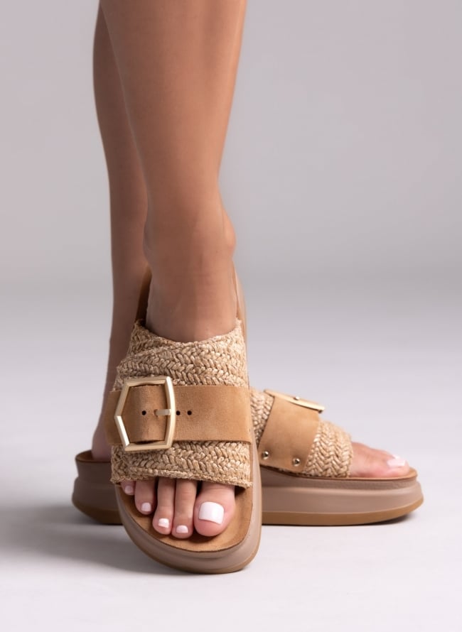 Σανδάλια flatforms δερμάτινα με ψάθα MALFA FANTASY SANDALS - Ταμπά