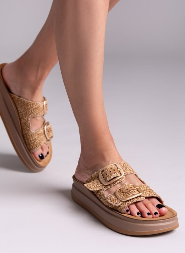 Σανδάλια flatforms δερμάτινα με ψάθα ZEFI FANTASY SANDALS - Κάμελ