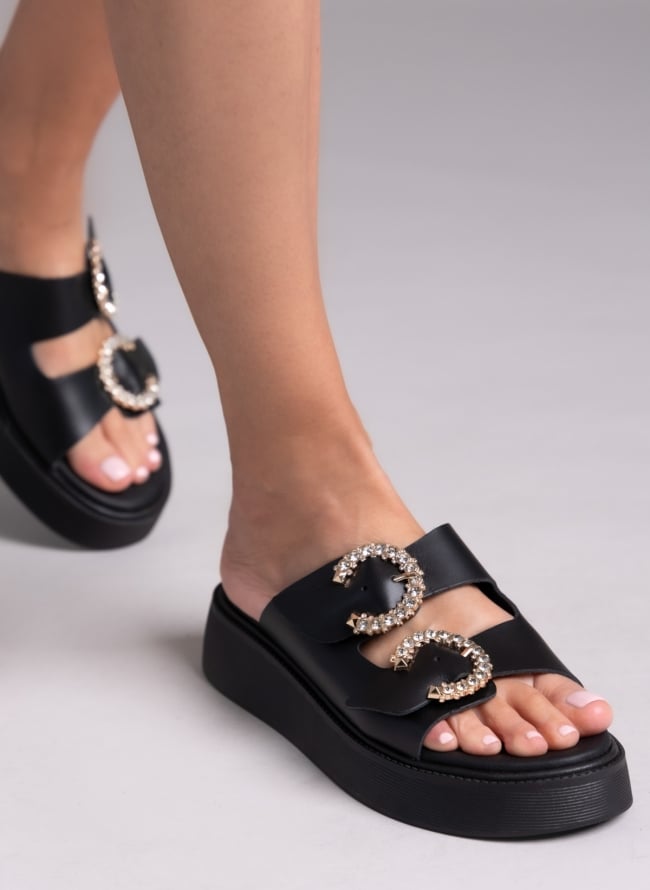 Σανδάλια flatforms δερμάτινα με στρας τοκάδες Estil - Μαύρο