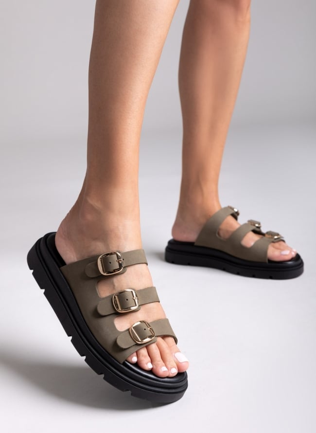Σανδάλια flatforms δερμάτινα με τρεις φάσες Tfp - Χακί