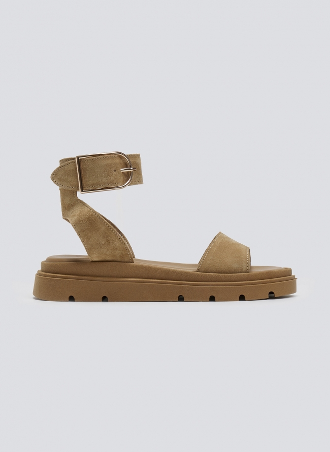 Σανδάλια flatforms καστόρινα με μπαρέτα TFP - Μπεζ