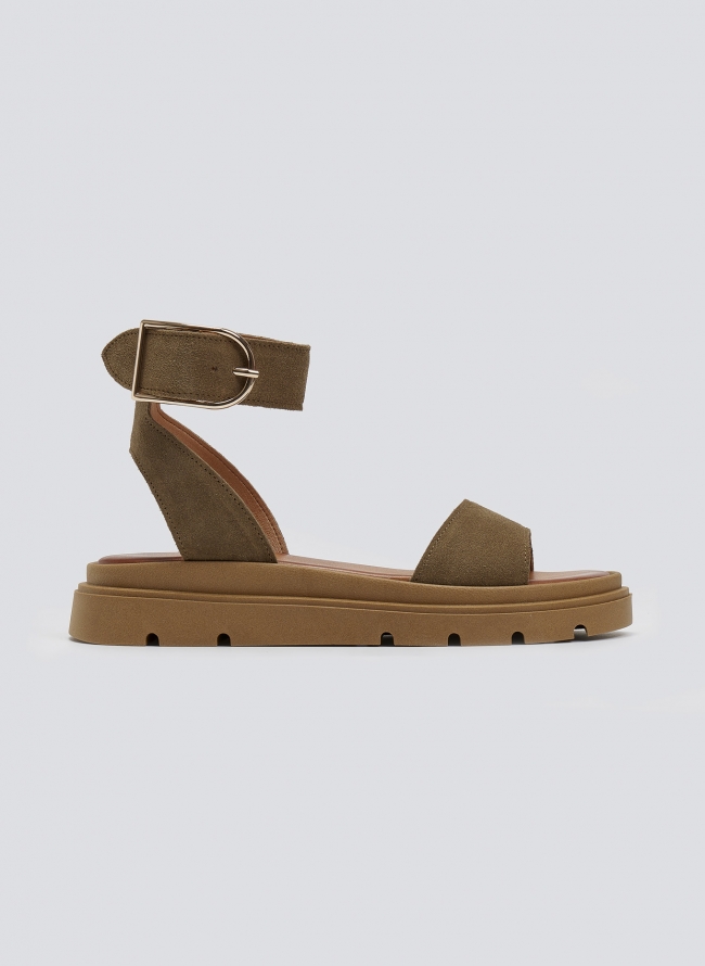 Σανδάλια flatforms καστόρινα με μπαρέτα TFP - Λαδί 