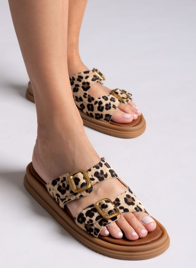 Σανδάλια flatforms ponyskin με print  Estil - Leopard