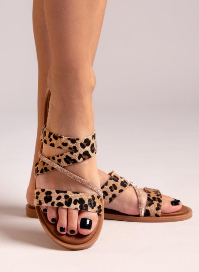 Σανδάλια με συνθετικό ponyskin και print Estil - Leopard