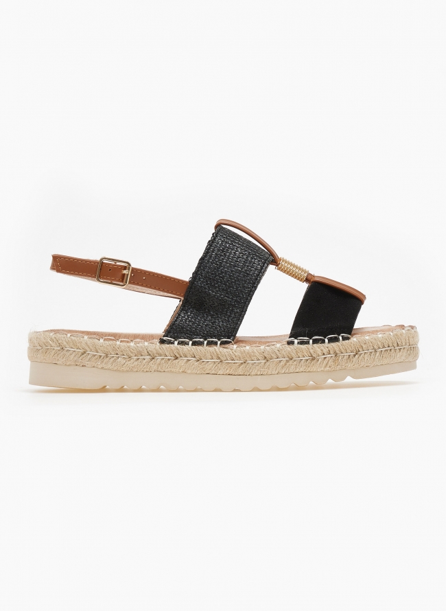 Σανδάλια flatforms suede με σχοίνινη σόλα - Μαύρο