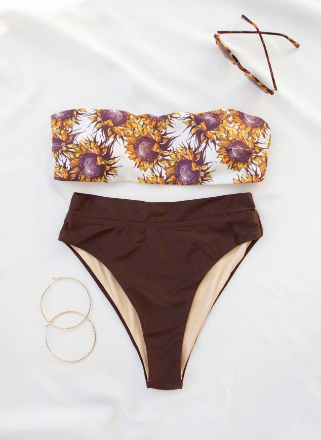 Σετ bandeau bikini με corset slip - Καφέ