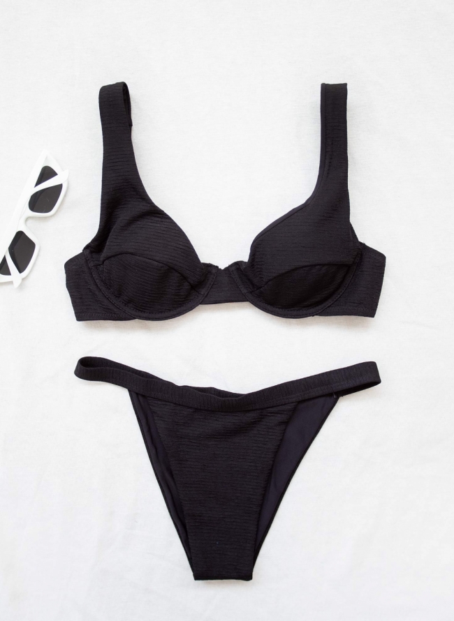 Σετ bikini με μπανέλα και φαρδιές ράντες - Μαύρο