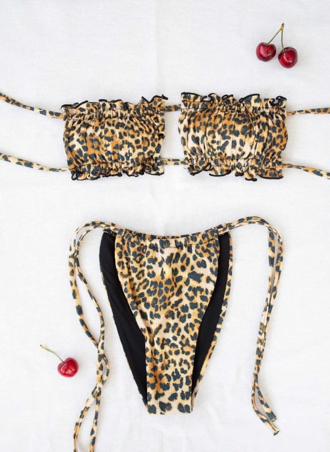 Σετ leopard bikini με μεταλλική κλωστή - Κάμελ