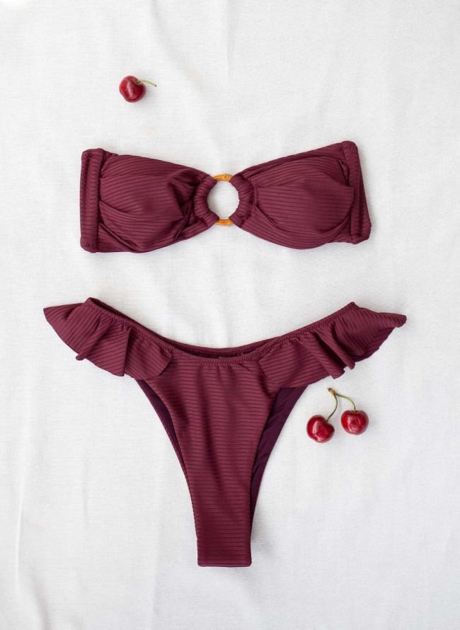 Σετ ριπ strapless bikini με κρίκο - Καφέ