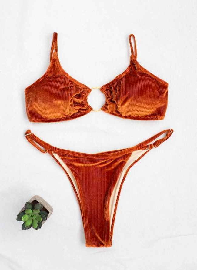 Σετ velvet ριπ bikini - Καφέ