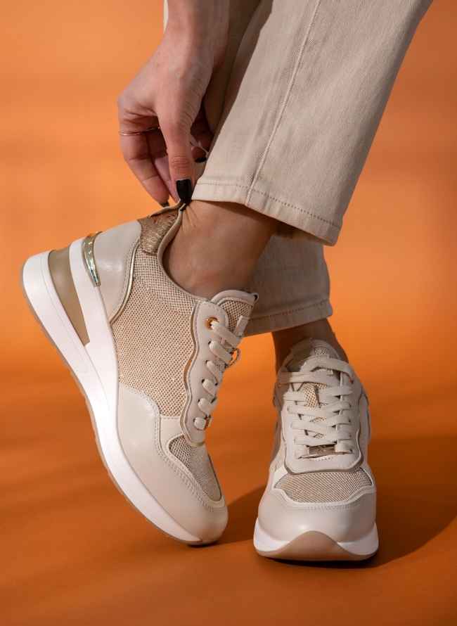 Sneakers wedges με glitter ύφασμα Xti 142408 - Μπεζ