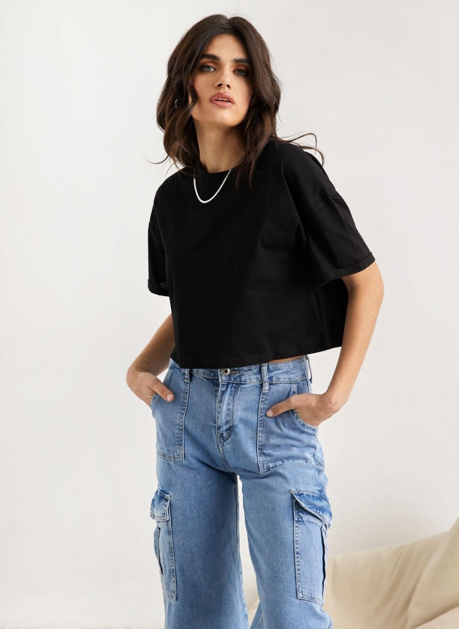 T-shirt cropped βαμβακερό - Μαύρο