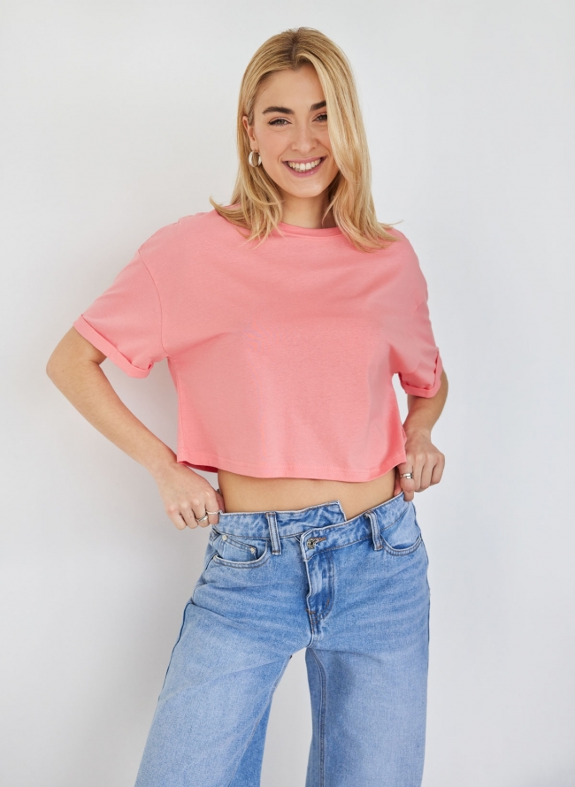 T-shirt cropped βαμβακερό - Ροδακινί