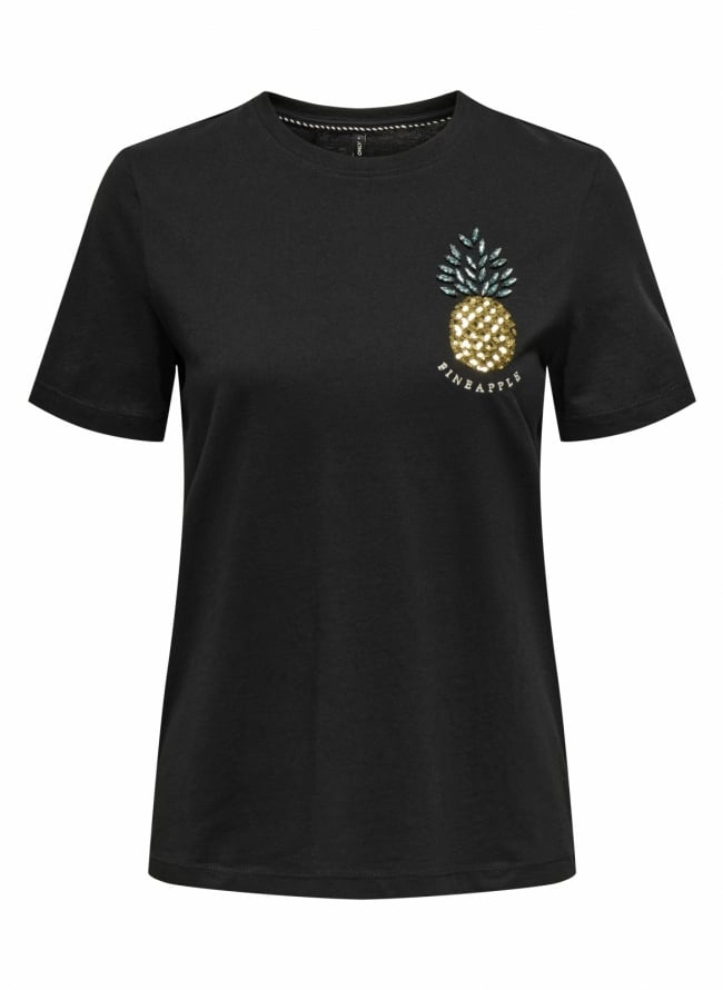 T-shirt με ανανά και παγιέτες ONLY 15346726 - Μαύρο