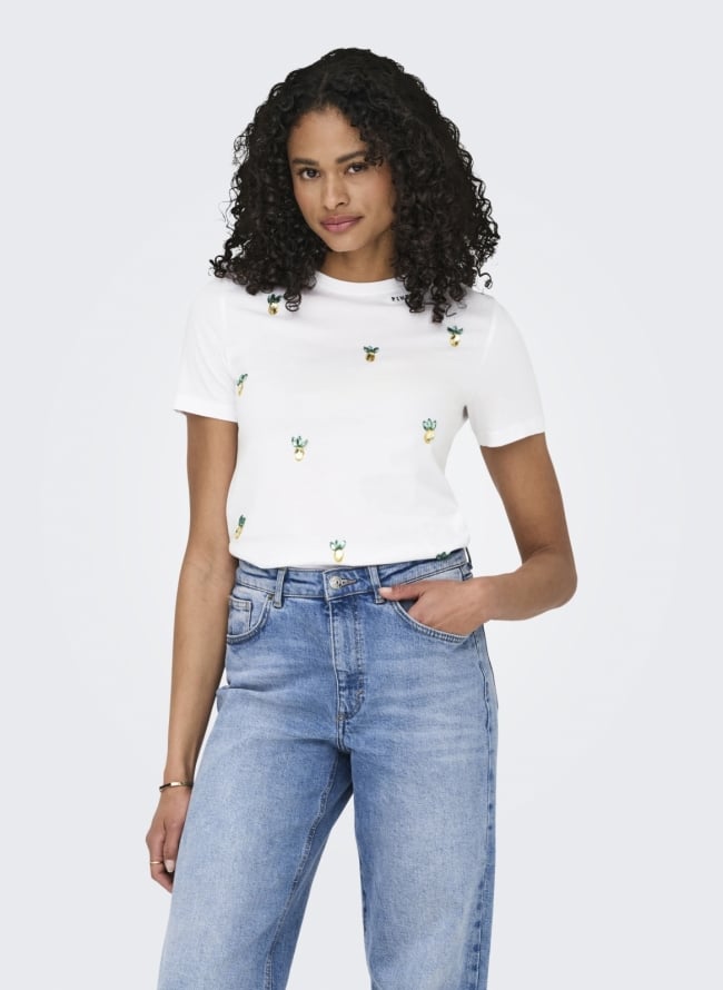 T-shirt με πέτρες ONLY 15346726 - Λευκό