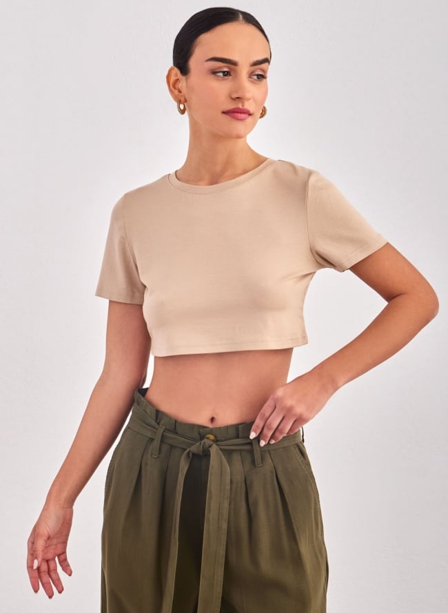 T-shirt σε cropped γραμμή Different-Shop 03-133 - Μπεζ