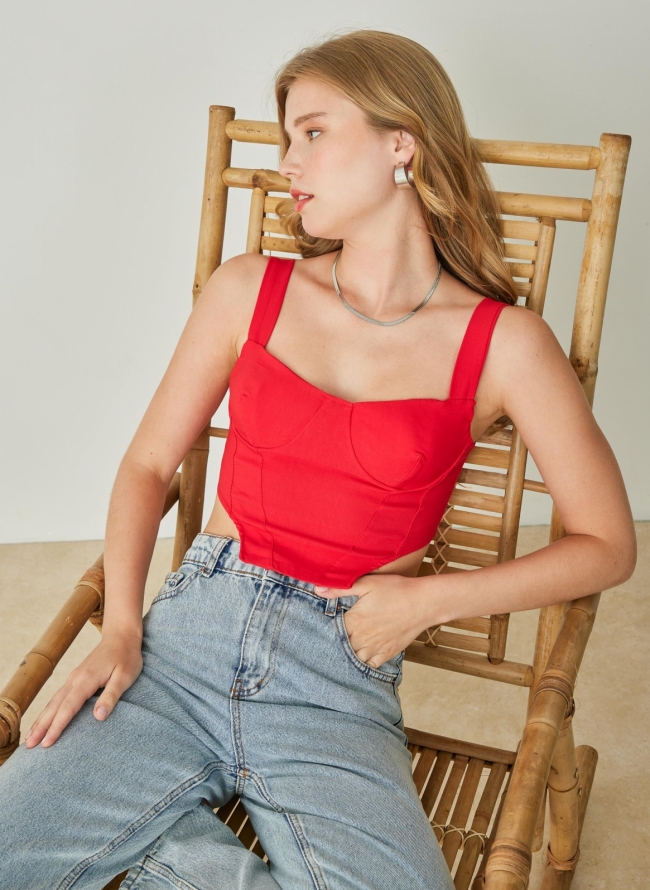 Crop top αμάνικο corset με φερμουάρ  - Κόκκινο