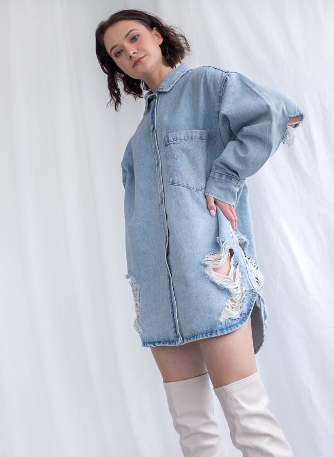 Τζιν overshirt με σκισίματα - Μπλε jean