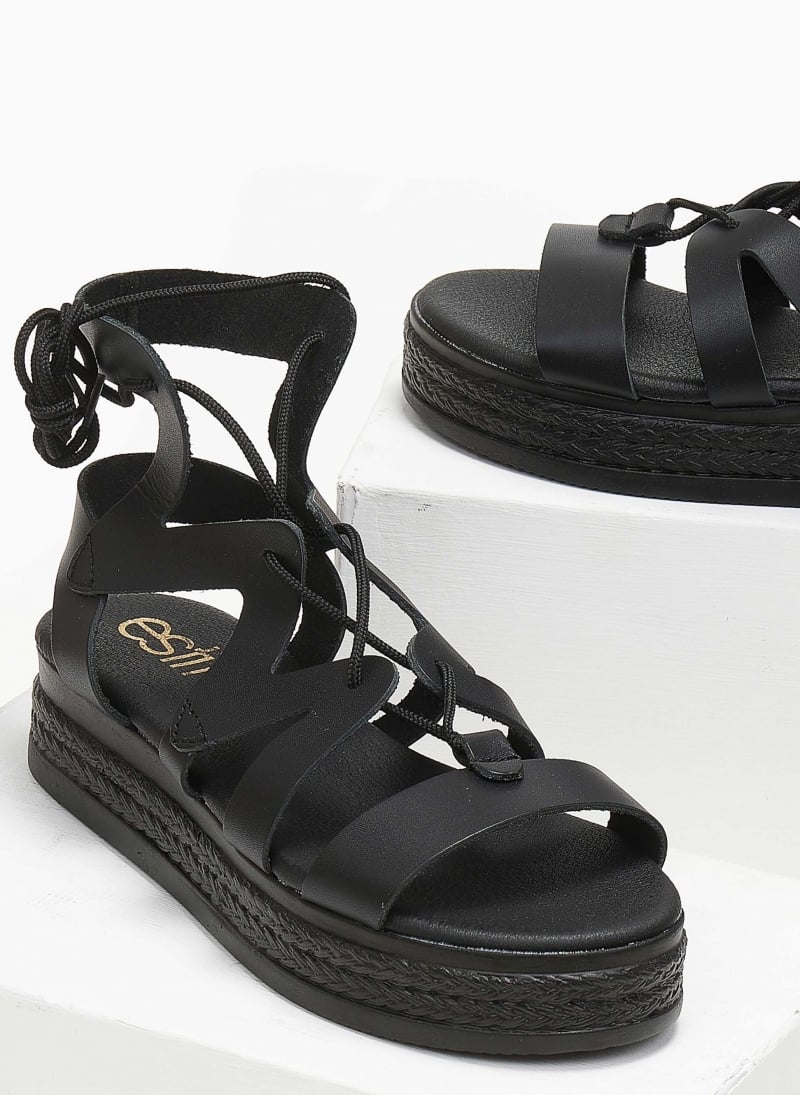Σανδάλια flatforms δερμάτινα με δέσιμο estil