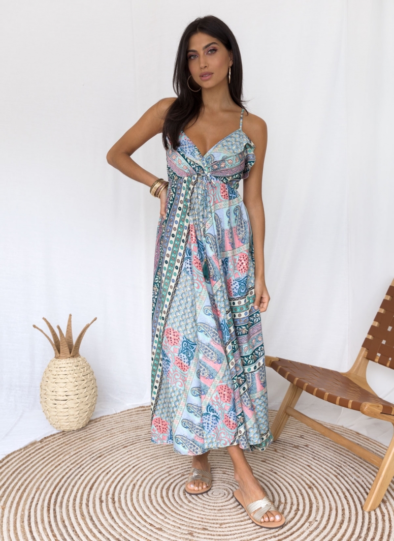 Φόρεμα boho μεταξωτό με λαχούρια