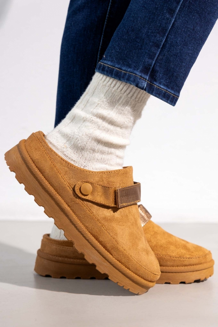 Παντόφλες suede με velcro και συννθετική γούνα ERYNN