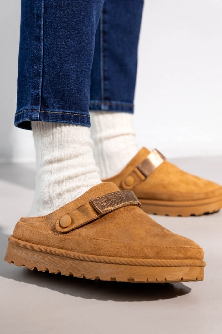 Παντόφλες suede με velcro και συννθετική γούνα ERYNN