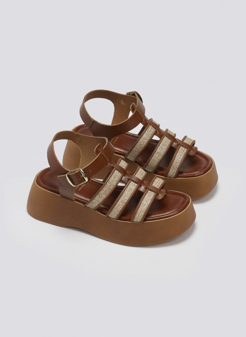 Σανδάλια δερμάτινα flatforms gladiator με ψάθα Estil