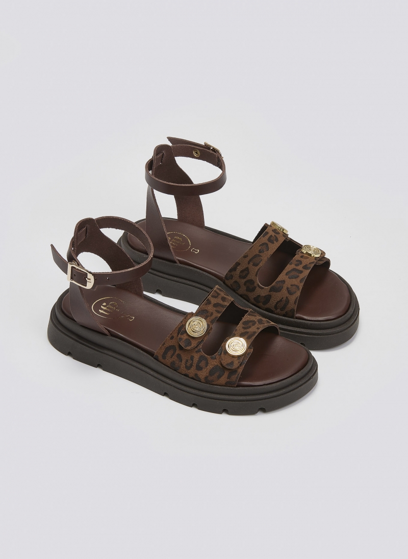 Σανδάλια δερμάτινα flatforms με print Tfp