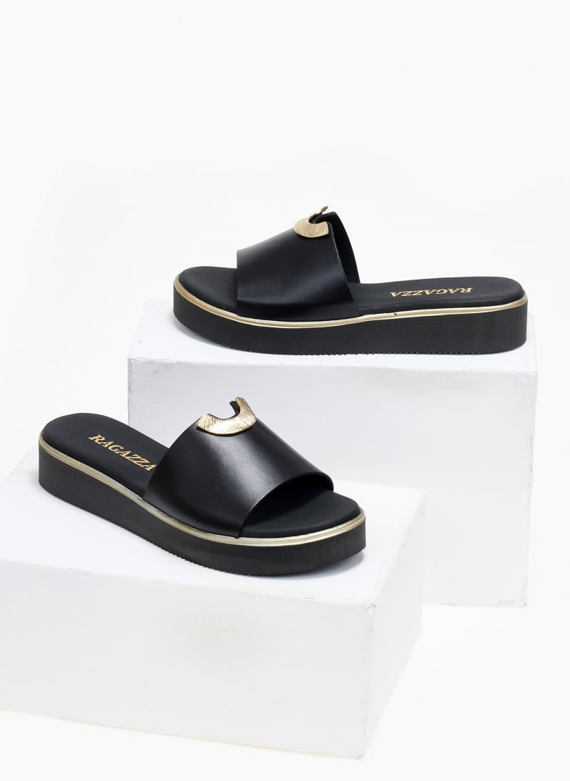 Σανδάλια flatforms δερμάτινα με μεταλλικό σχέδιο Ragazza 01083