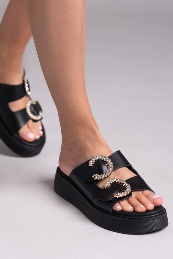 Σανδάλια flatforms δερμάτινα με στρας τοκάδες Estil