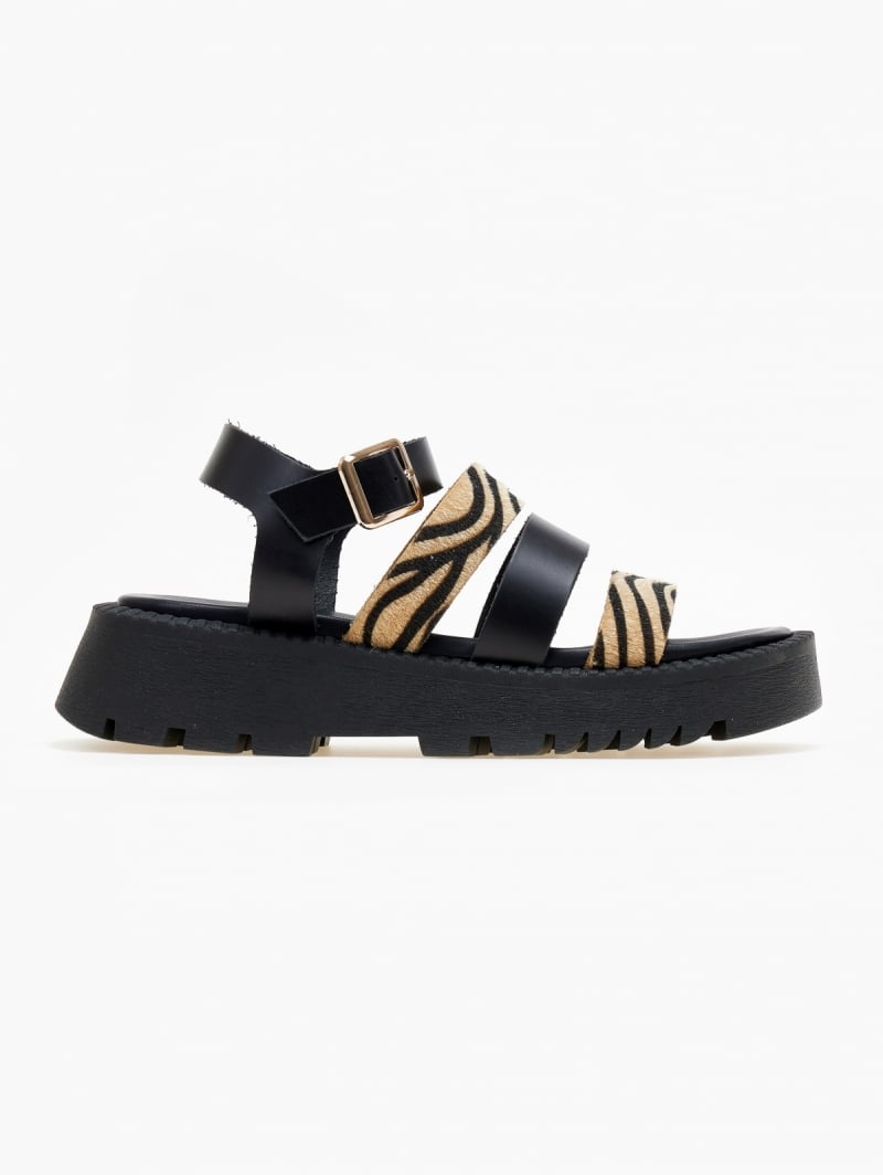 Σανδάλια flatforms δερμάτινα με συνθετικό ponyskin TFP