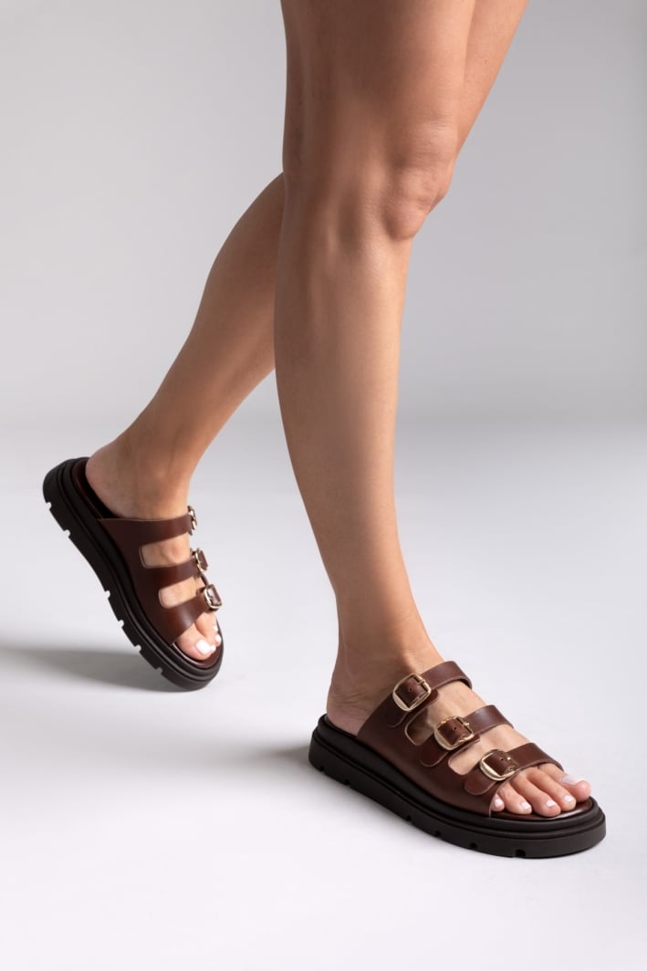Σανδάλια flatforms δερμάτινα με τρεις φάσες Tfp