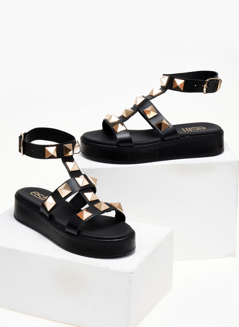 Σανδάλια flatforms δερμάτινα με τρουκς estil