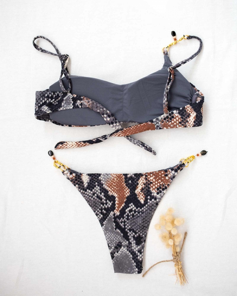 Βikini σετ animal print με χρυσές χάντρες