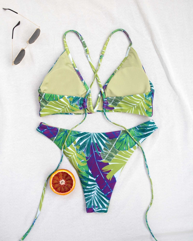 Σετ bikini με σταθερό V και σχέδιο φύλλα