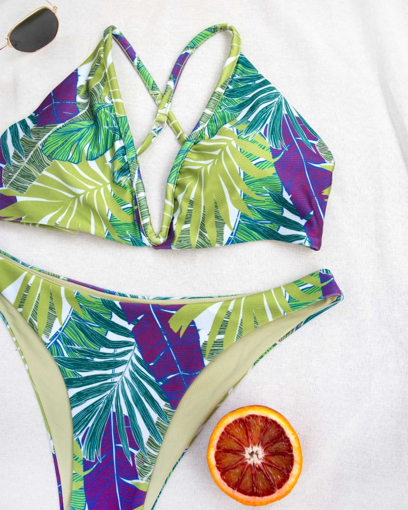 Σετ bikini με σταθερό V και σχέδιο φύλλα