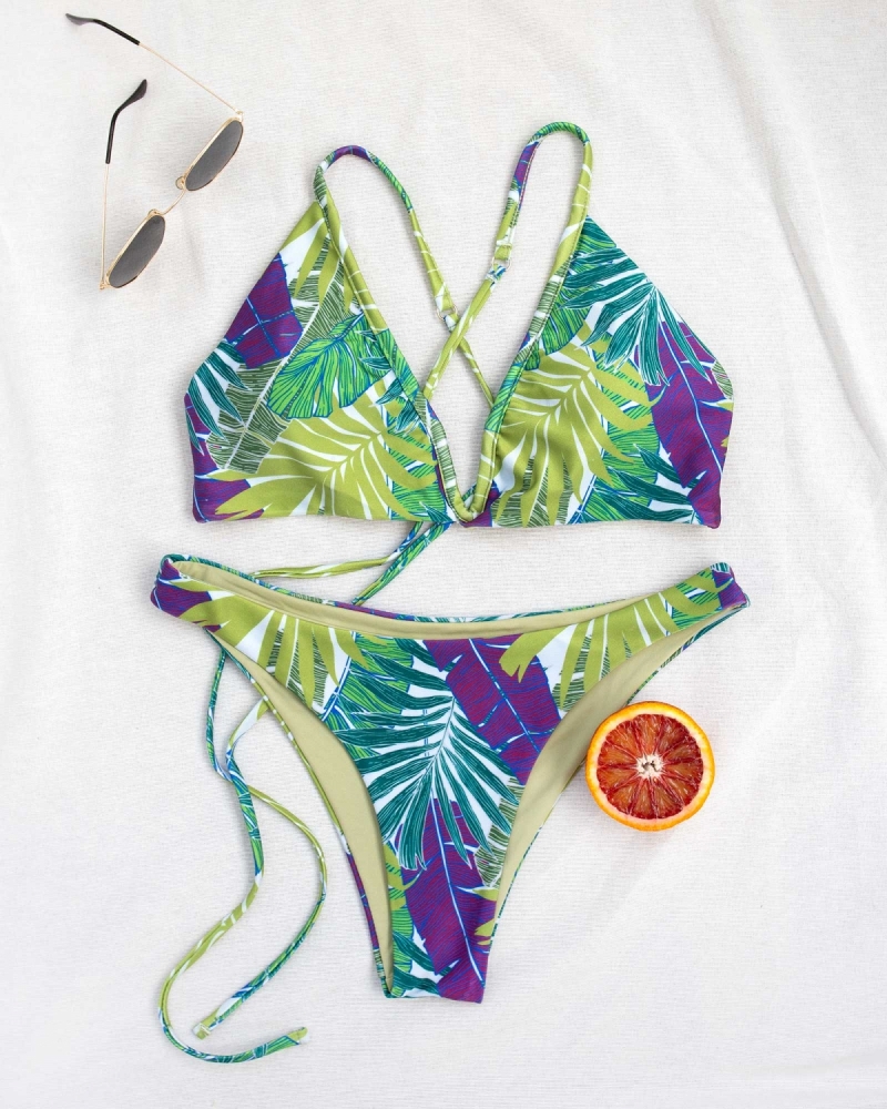 Σετ bikini με σταθερό V και σχέδιο φύλλα