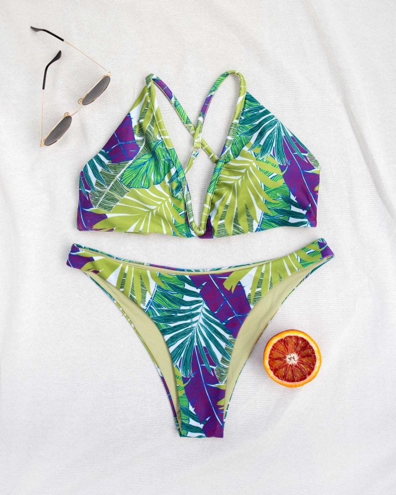 Σετ bikini με σταθερό V και σχέδιο φύλλα